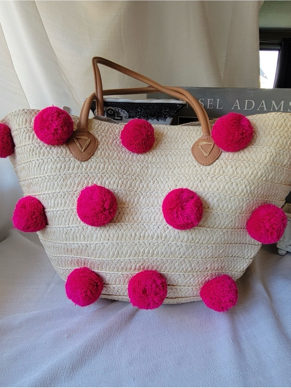 Sharalene's Cream Straw Tote with Hot Pink Pom Poms NWOT